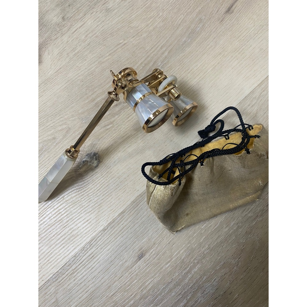 Admiral Vintage Mother of Pearl Opera Glasses Gold 3x Lorgnette Binoculars Pouch